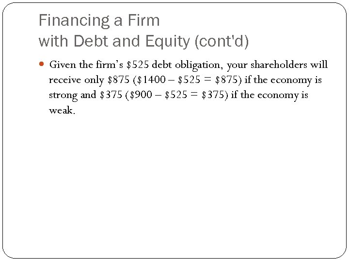 Financing a Firm with Debt and Equity (cont'd) Given the firm’s $525 debt obligation,