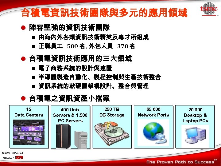 台積電資訊技術團隊與多元的應用領域 l 陣容堅強的資訊技術團隊 由海內外各類資訊技術精英及專才所組成 n 正職員 500 名 , 外包人員 370 名 n l