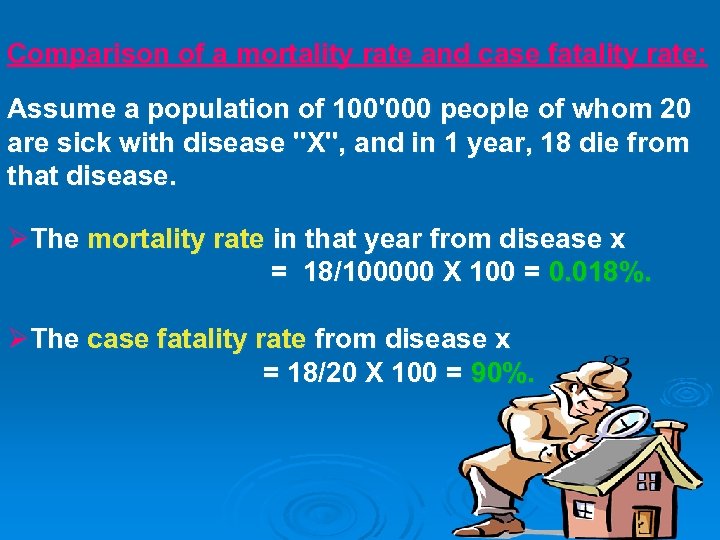 Comparison of a mortality rate and case fatality rate: Assume a population of 100'000