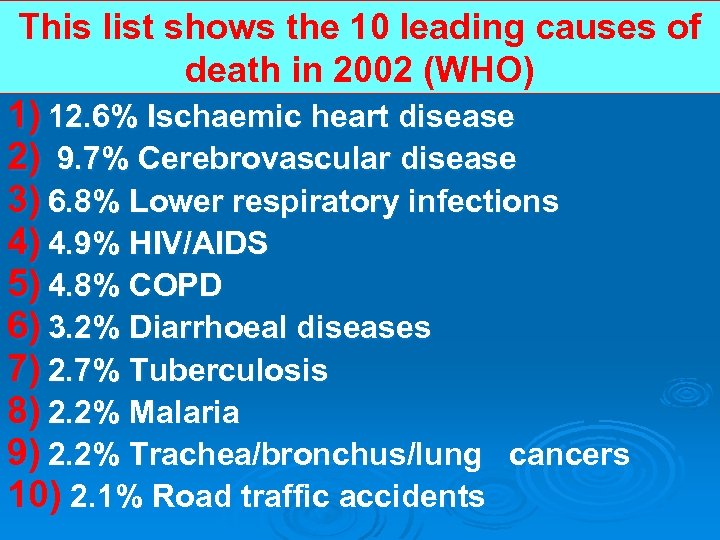 This list shows the 10 leading causes of death in 2002 (WHO) 1) 12.