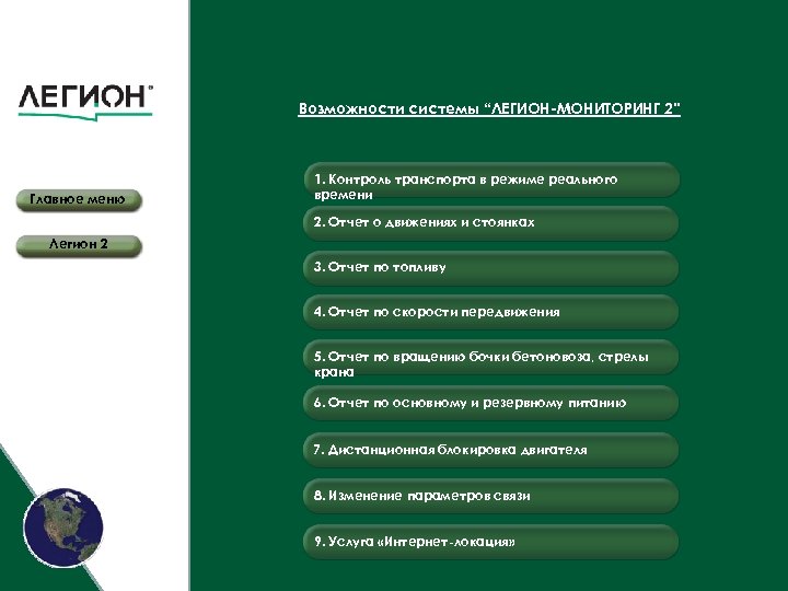 Возможности системы “ЛЕГИОН-МОНИТОРИНГ 2” Главное меню 1. Контроль транспорта в режиме реального времени 2.