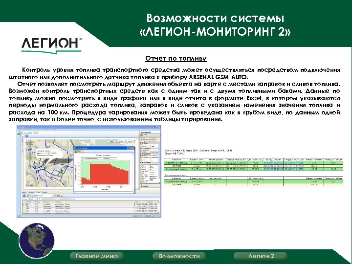Возможности системы «ЛЕГИОН-МОНИТОРИНГ 2» Отчет по топливу Контроль уровня топлива транспортного средства может осуществляться