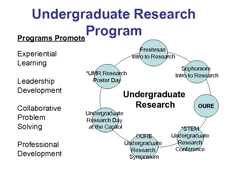 Undergraduate Research Programs Promote Freshman Intro to Research Experiential Learning Leadership Development Collaborative Problem