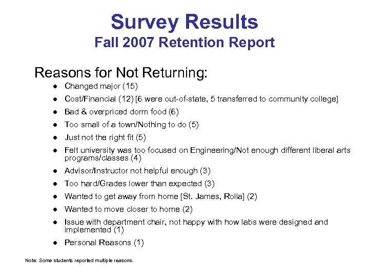 Survey Results Fall 2007 Retention Report Reasons for Not Returning: l Changed major (15)