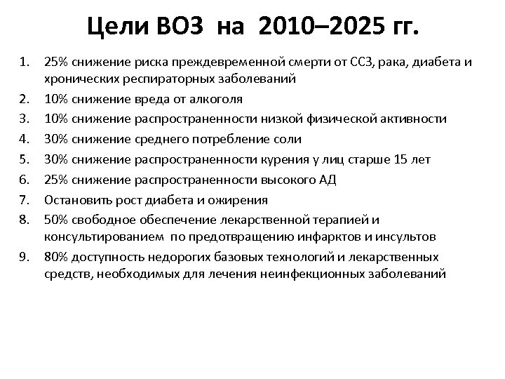 Цели ВОЗ на 2010– 2025 гг. 1. 25% снижение риска преждевременной смерти от ССЗ,