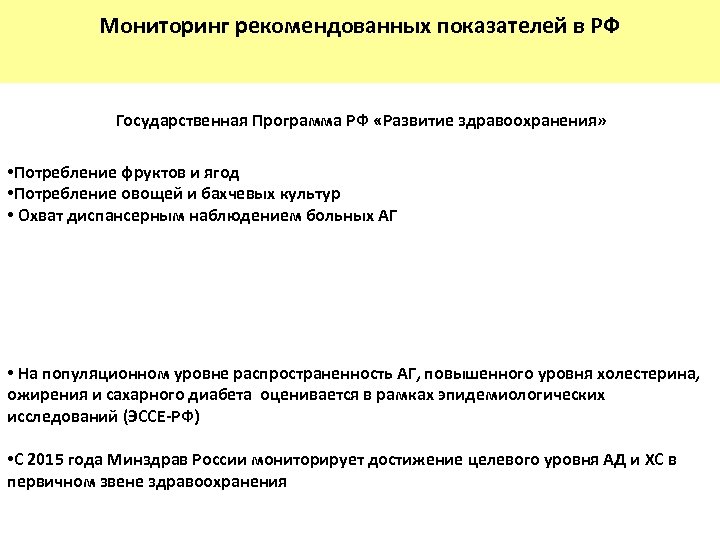 Мониторинг рекомендованных показателей в РФ Государственная Программа РФ «Развитие здравоохранения» • Потребление фруктов и
