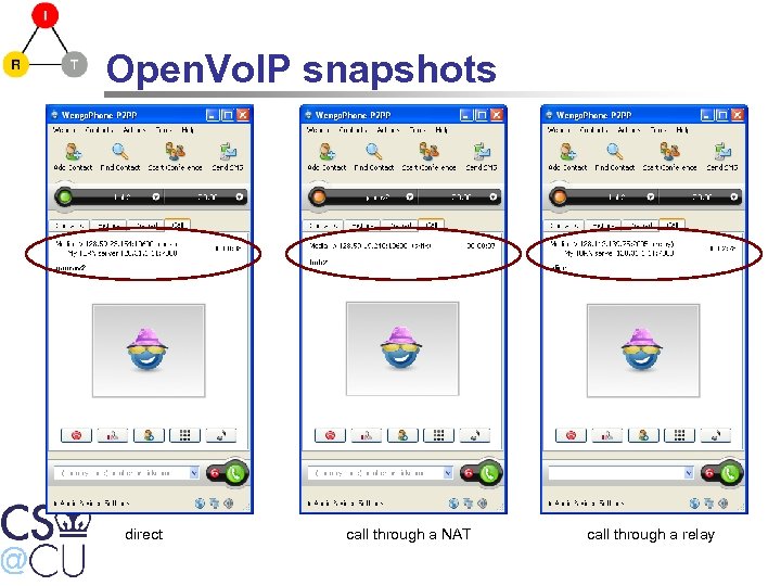Open. Vo. IP snapshots direct call through a NAT call through a relay 