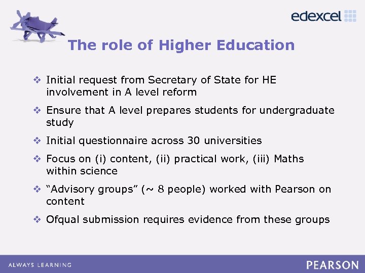 The role of Higher Education Click to edit Master title style v Initial request