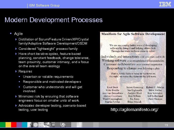 IBM Software Group Modern Development Processes § Agile 4 Distillation of Scrum/Feature Driven/XP/Crystal family/Adaptive
