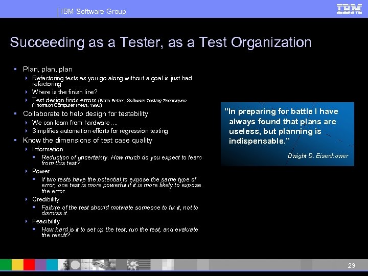 IBM Software Group Succeeding as a Tester, as a Test Organization § Plan, plan