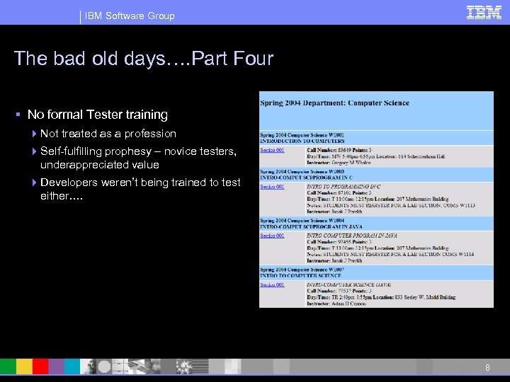 IBM Software Group The bad old days…. Part Four § No formal Tester training