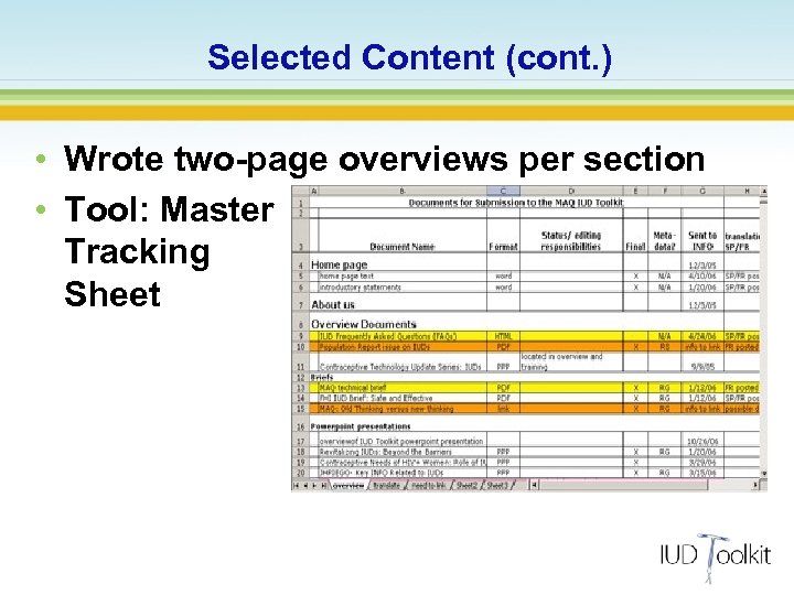 Selected Content (cont. ) • Wrote two-page overviews per section • Tool: Master Tracking