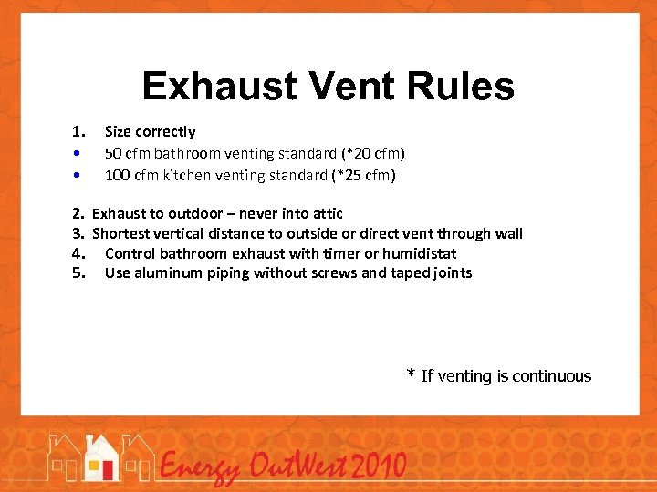 Exhaust Vent Rules 1. • • Size correctly 50 cfm bathroom venting standard (*20