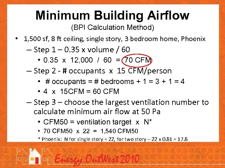 Minimum Building Airflow (BPI Calculation Method) • 1, 500 sf, 8 ft ceiling, single
