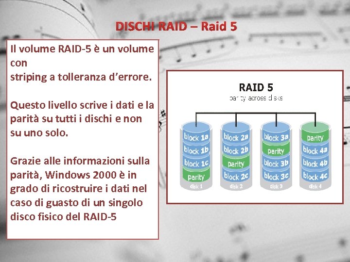 DISCHI RAID – Raid 5 Il volume RAID-5 è un volume con striping a