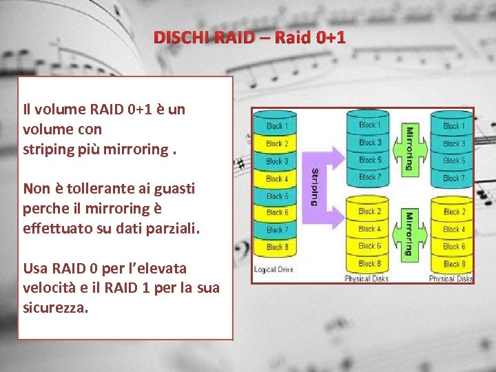 DISCHI RAID – Raid 0+1 Il volume RAID 0+1 è un volume con striping