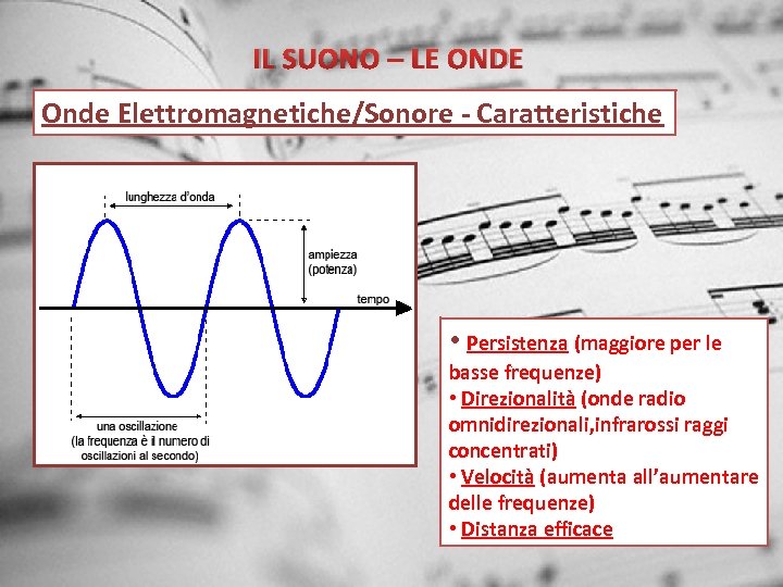 IL SUONO – LE ONDE Onde Elettromagnetiche/Sonore - Caratteristiche • Persistenza (maggiore per le