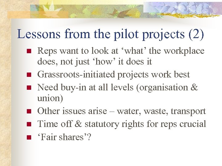 Lessons from the pilot projects (2) n n n Reps want to look at