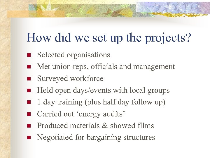 How did we set up the projects? n n n n Selected organisations Met