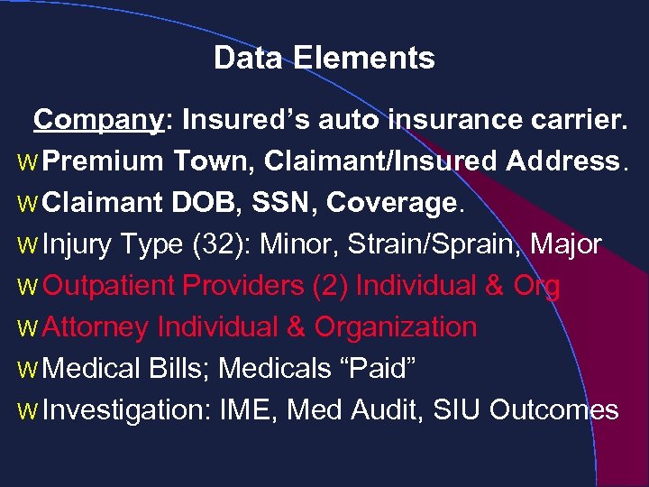 Data Elements Company: Insured’s auto insurance carrier. W Premium Town, Claimant/Insured Address. W Claimant