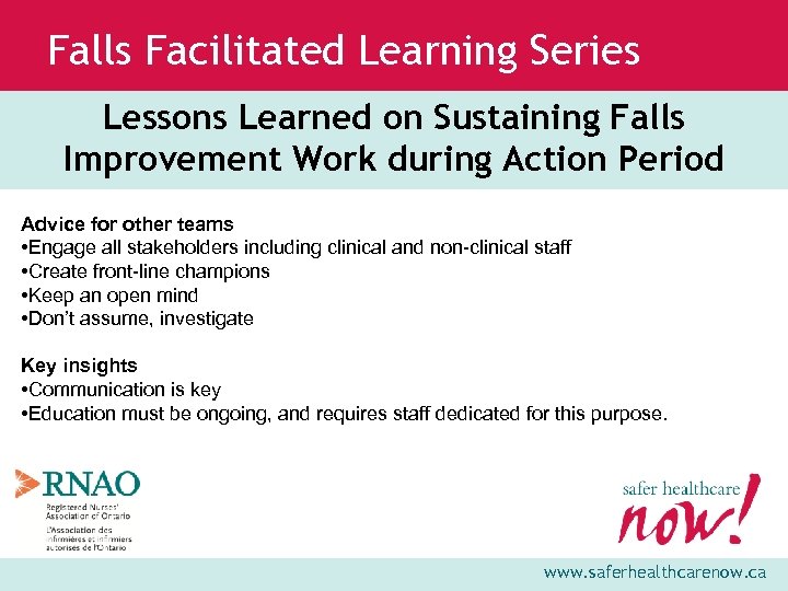 Falls Facilitated Learning Series Lessons Learned on Sustaining Falls Improvement Work during Action Period