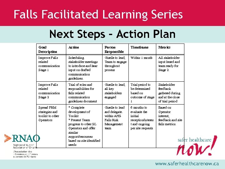 Falls Facilitated Learning Series Next Steps – Action Plan Goal Description Action Person Responsible