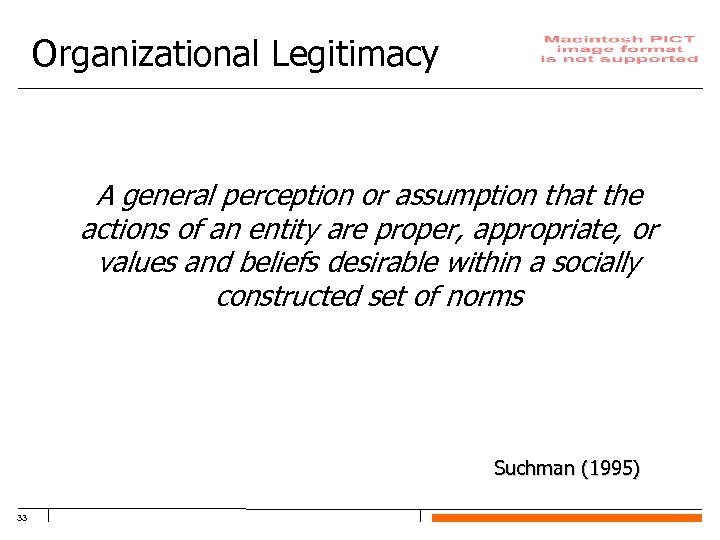 Organizational Legitimacy A general perception or assumption that the actions of an entity are