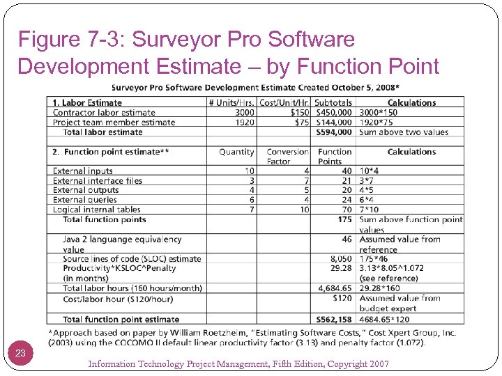 Figure 7 -3: Surveyor Pro Software Development Estimate – by Function Point 23 Information