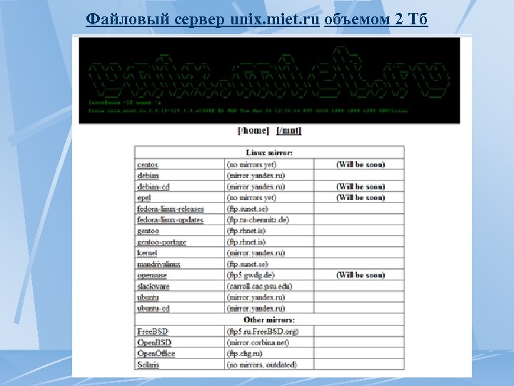 Файловый сервер unix. miet. ru объемом 2 Тб 
