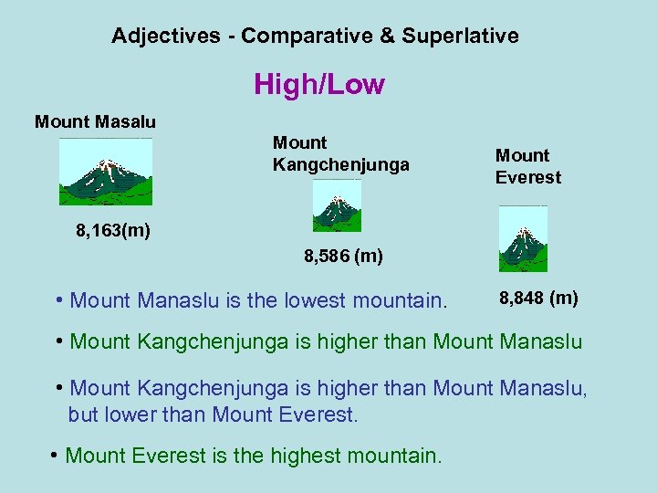 Adjectives - Comparative & Superlative High/Low Mount Masalu 8, 163(m) Mount Kangchenjunga Mount Everest