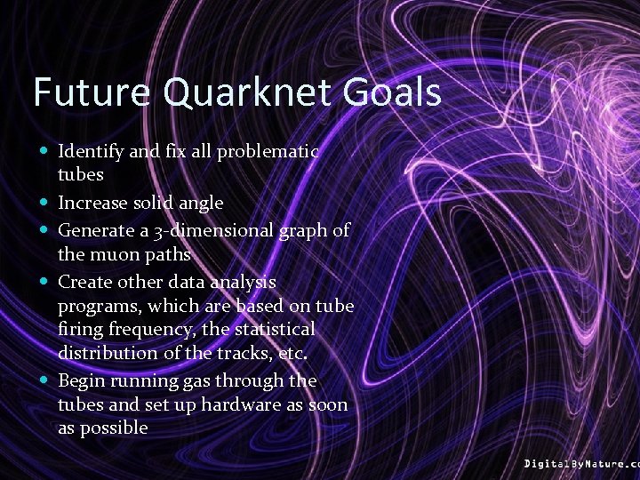 Future Quarknet Goals Identify and fix all problematic tubes Increase solid angle Generate a