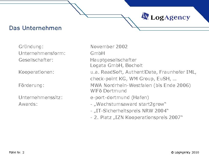 Das Unternehmen Gründung: Unternehmensform: Gesellschafter: Kooperationen: Förderung: Unternehmenssitz: Awards: Folie Nr. 2 November 2002