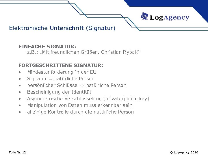 Elektronische Unterschrift (Signatur) EINFACHE SIGNATUR: z. B. : „Mit freundlichen Grüßen, Christian Rybak“ FORTGESCHRITTENE