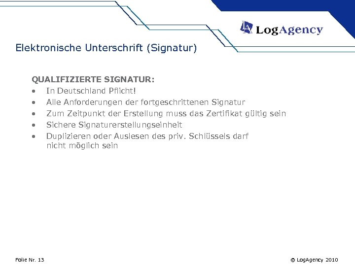 Elektronische Unterschrift (Signatur) QUALIFIZIERTE SIGNATUR: • In Deutschland Pflicht! • Alle Anforderungen der fortgeschrittenen