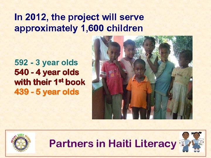 In 2012, the project will serve approximately 1, 600 children 592 - 3 year