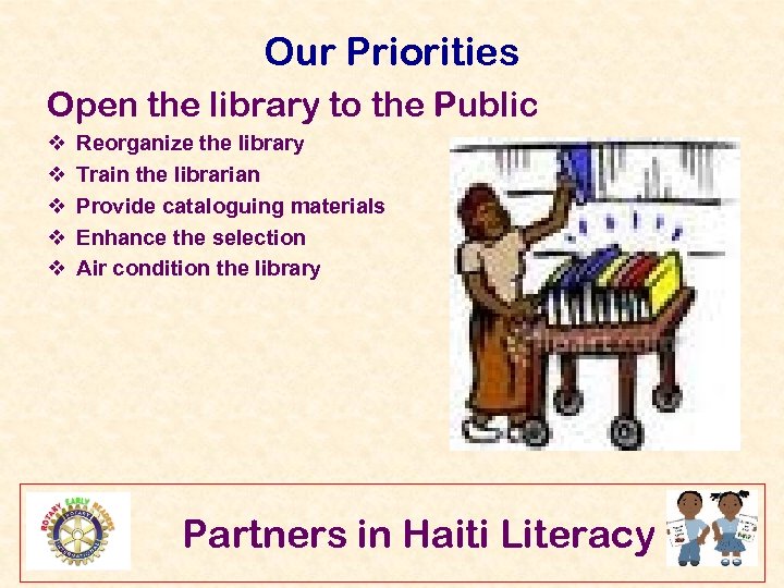 Our Priorities Open the library to the Public v v v Reorganize the library