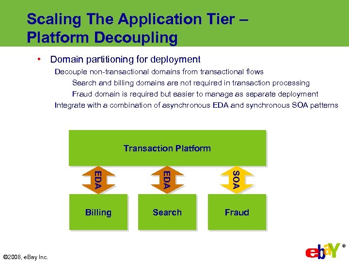 Scaling The Application Tier – Platform Decoupling • Domain partitioning for deployment Decouple non-transactional