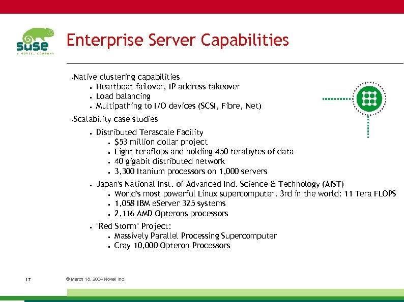 Enterprise Server Capabilities Native clustering capabilities ● Heartbeat failover, IP address takeover ● Load