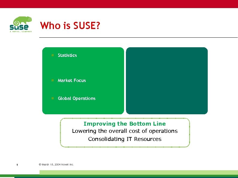 Who is SUSE? Statistics Market Focus Global Operations Improving the Bottom Line Lowering the