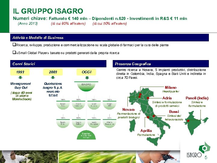 IL GRUPPO ISAGRO Numeri chiave: Fatturato € 140 mln – Dipendenti n. 620 -