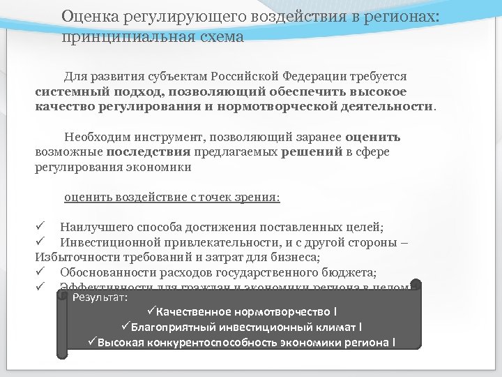 Оценка регулирующего воздействия в регионах: принципиальная схема Для развития субъектам Российской Федерации требуется системный