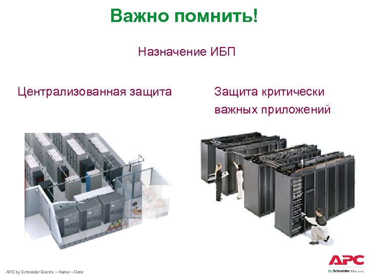 Важно помнить! Назначение ИБП Централизованная защита APC by Schneider Electric – Name – Date