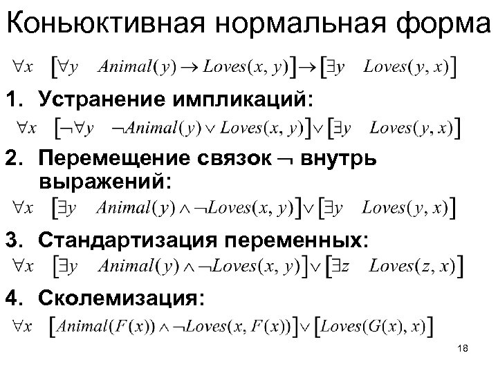 Коньюктивная нормальная форма 1. Устранение импликаций: 2. Перемещение связок внутрь выражений: 3. Стандартизация переменных: