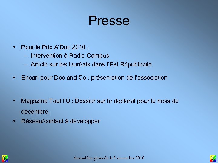 Presse • Pour le Prix A’Doc 2010 : – Intervention à Radio Campus –