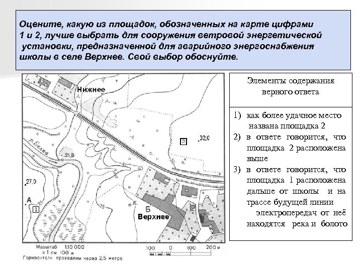 Оцените, какую из площадок, обозначенных на карте цифрами 1 и 2, лучше выбрать для