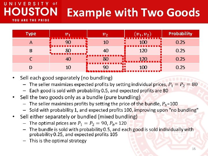 Example with Two Goods Type Probability A 90 10 100 0. 25 B 80