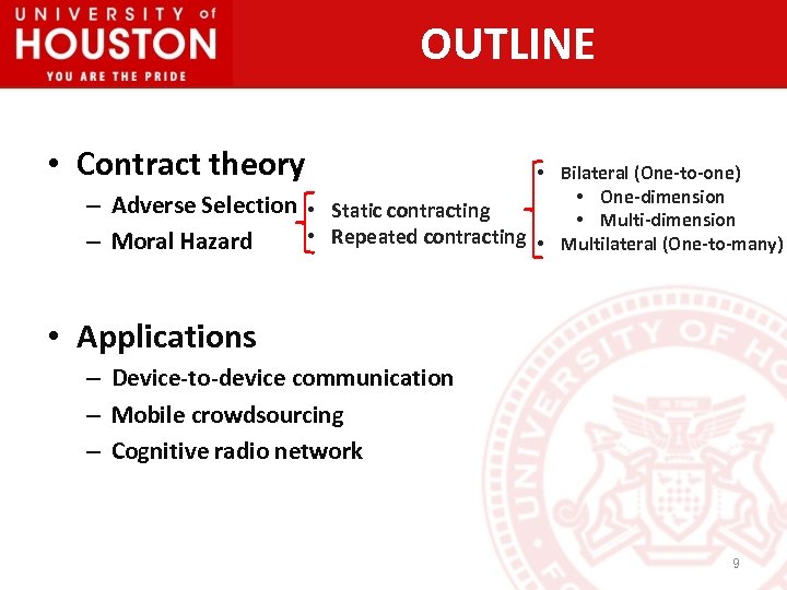 OUTLINE • Contract theory – Adverse Selection – Moral Hazard • Bilateral (One-to-one) •
