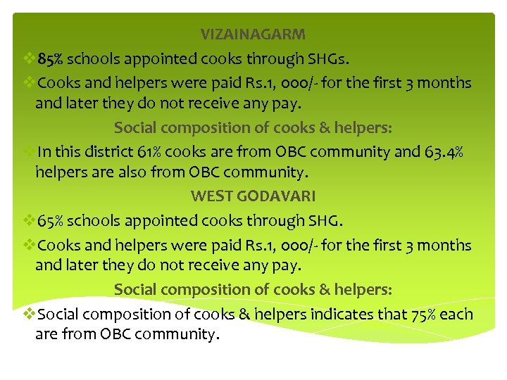 VIZAINAGARM v 85% schools appointed cooks through SHGs. v. Cooks and helpers were paid