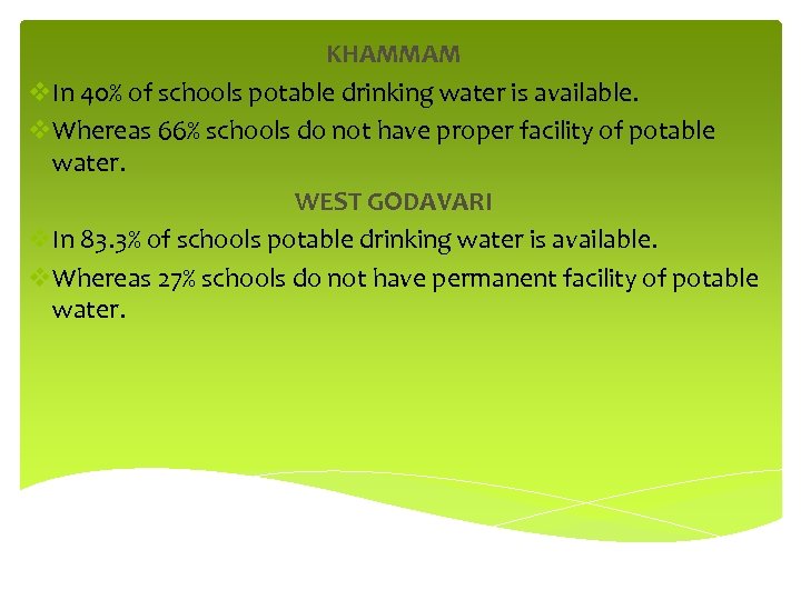 KHAMMAM v. In 40% of schools potable drinking water is available. v. Whereas 66%