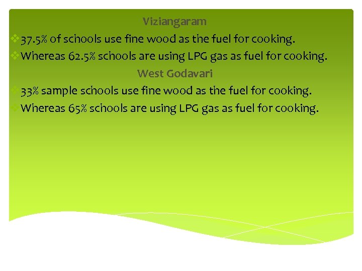 Viziangaram v 37. 5% of schools use fine wood as the fuel for cooking.